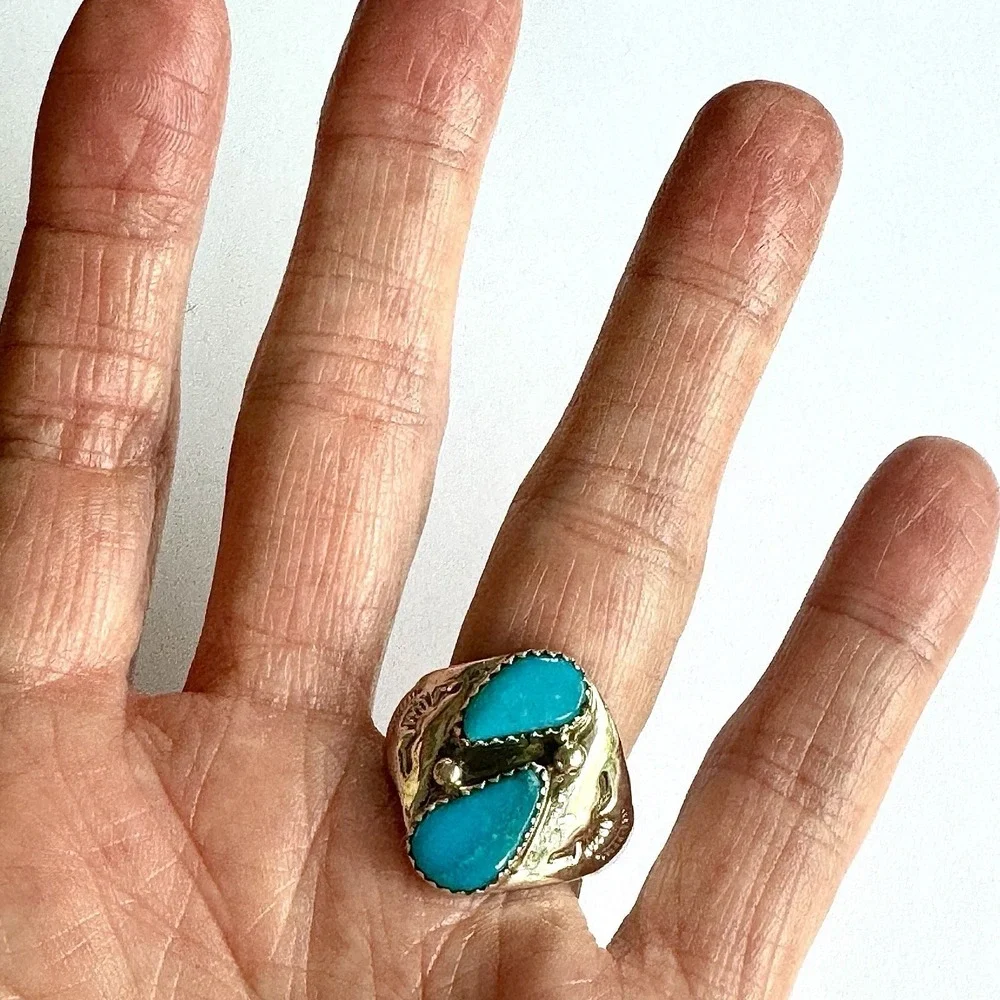 Mens Turquoise Navajo Band Sz 11 Two Stone Ring 21mm Signed ML‎ Handmade Native